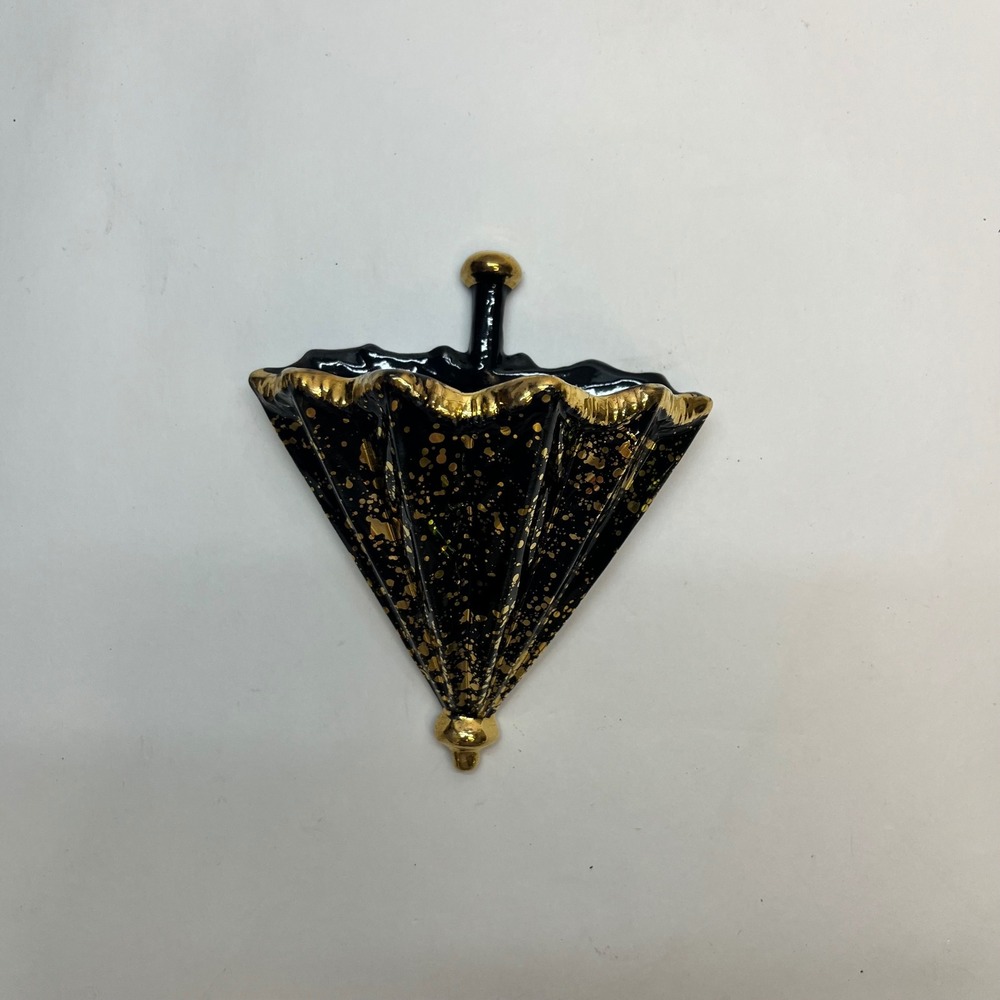 Vintage Ceramic Umbrella Wall Pocket Planter Black Gold Splatter Mid Century 5.5